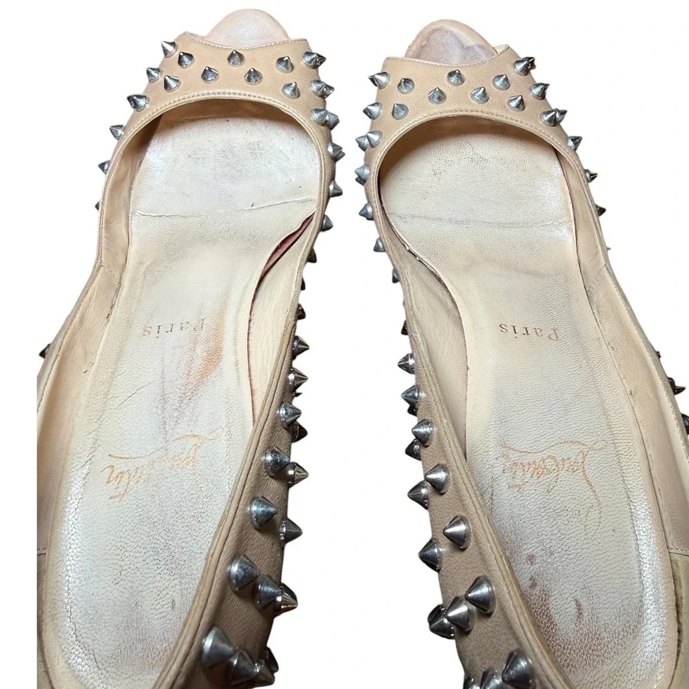 Christian Louboutin Alti Spikes 160 Nude Leather Peep Toe Platform Pumps 38